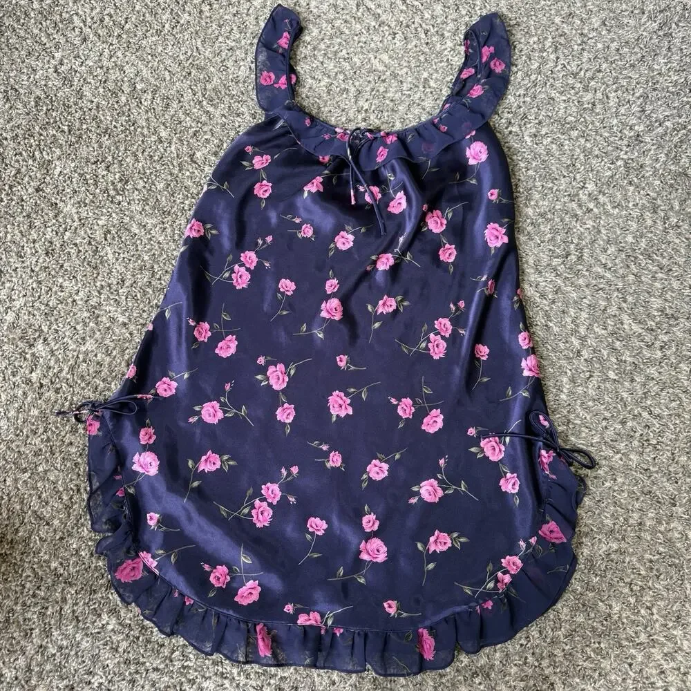 VTG Cinema Etoile Blue Pink Floral Satin Babydoll Lingerie Slip Dress Y2K 90s M